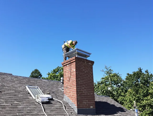 East Windsor Chimney Sweep technician measuring a chimney cap in East Windsor, CT